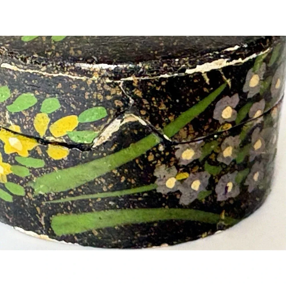 Vintage Hand-painted Lacquered Paper Mache Trinket Box Floral Round India